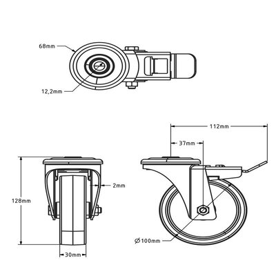 Rodízio giratório em aço inoxidável com travão 100 mm - Nylon - 150 kg