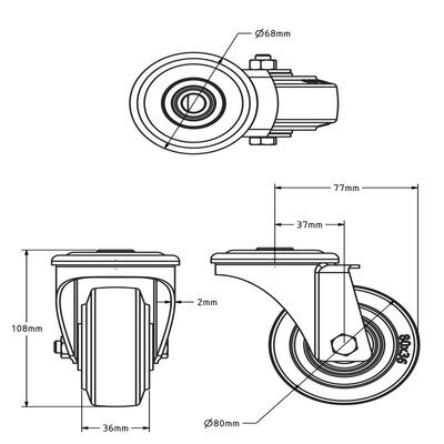 Roue pivotante en acier inoxydable avec frein 80 - Caoutchouc élastique - 110 kg