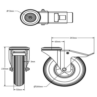 Roue pivotante en PU mousse noir avec frein 200 mm - 100 kg