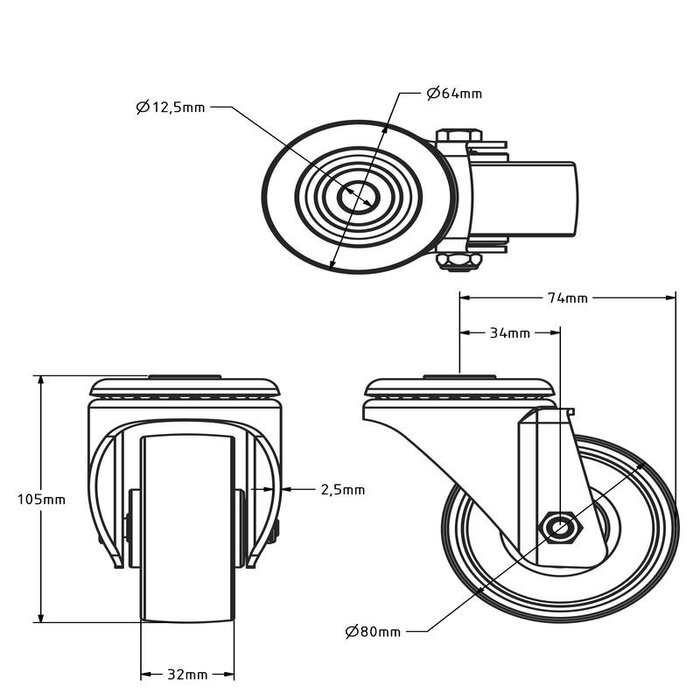 Rueda giratoria de PU 80 mm - rodamiento de rodillos - 130 kg