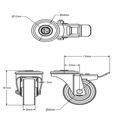 Rodízio giratório em aço inoxidável com travão 80 mm - rolamento - 120 kg