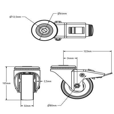 Roue pivotante en PU avec frein 80 mm - roulement à rouleaux - 130 kg