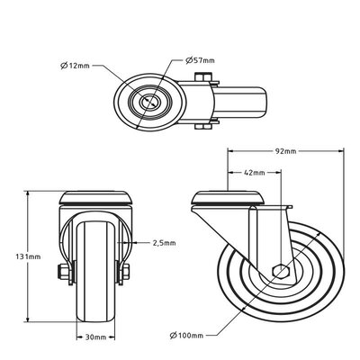 Rustfri svinghjul 100 mm - Gummi - 80 kg