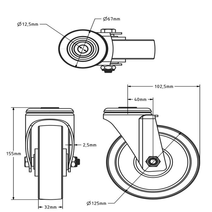 PU swivel castor 125 mm - 200 kg