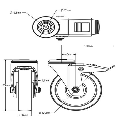 Rodízio giratório em PU com travão 125 mm - 200 kg