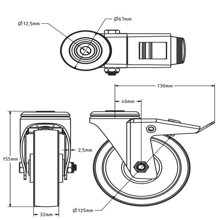 PU swivel wheel with brake 125 mm - 200 kg