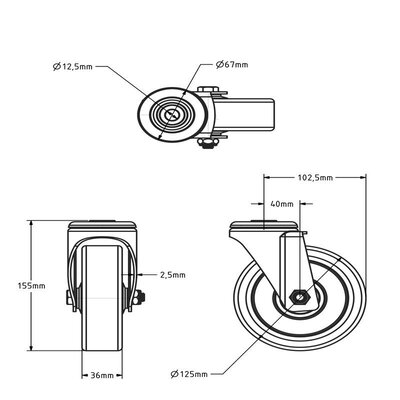 Roue pivotante en PU 125 mm - roulement à billes - 200 kg