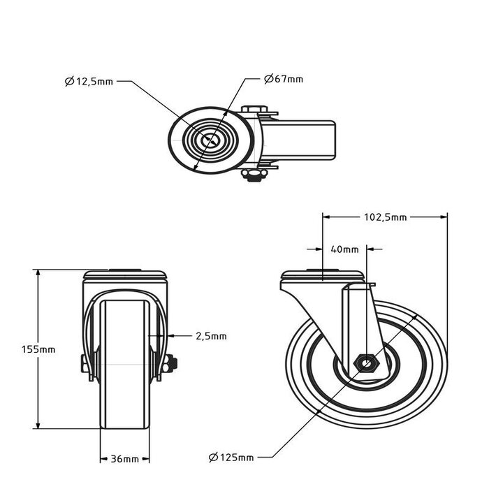 Roue pivotante en PU 125 mm - roulement à billes - 200 kg