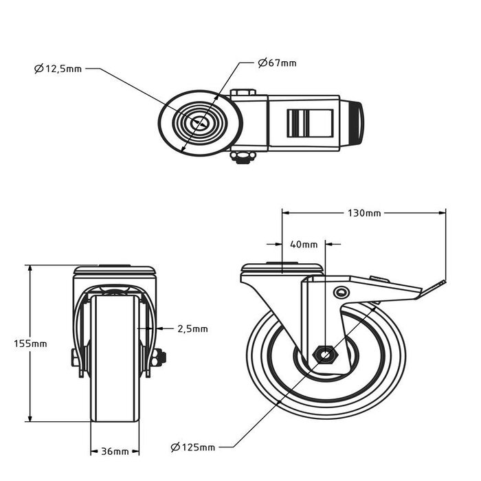 PU-svänghjul med broms 125 mm – kullager – 200 kg