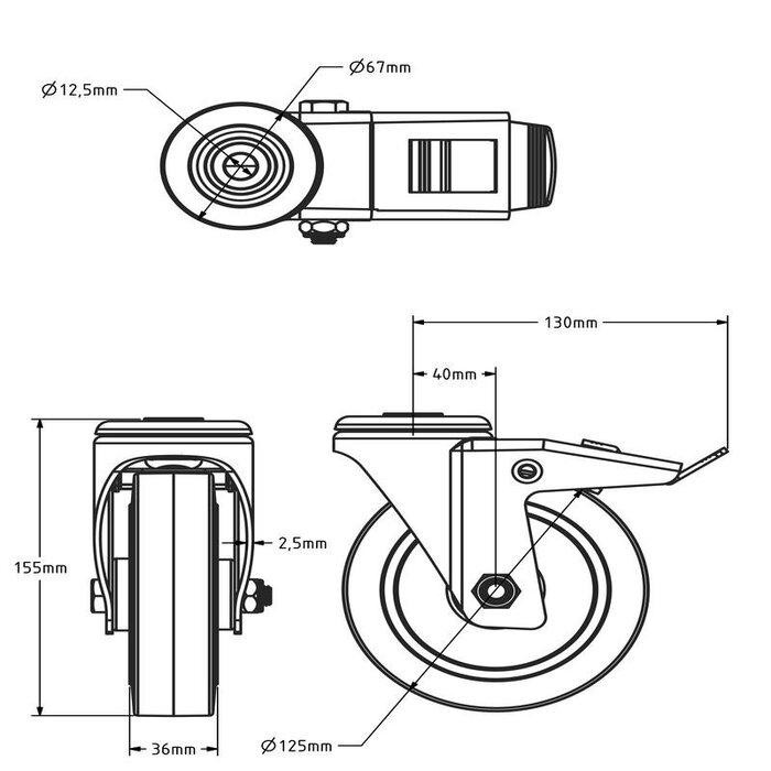 Rueda giratoria de goma con freno 125 mm - rodamiento de rodillos - 220 kg