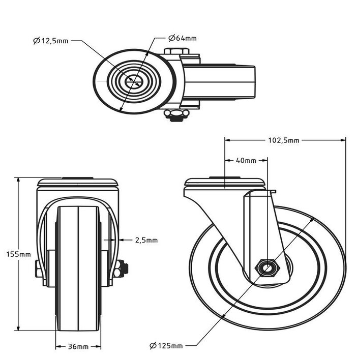 Rodízio giratório de borracha 125 mm - rolamento - 220 kg