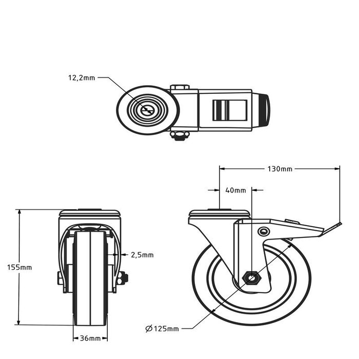 Rubber swivel castor with brake 125 mm - roller bearing - 220 kg