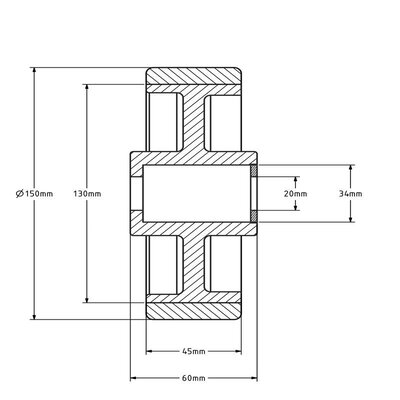 Roda PU 160 mm - rolamento de rolos com furo de 20 mm - 350 kg