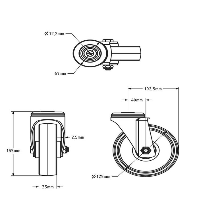 Nylon svängbart hjul 125 mm – rullager – 200 kg
