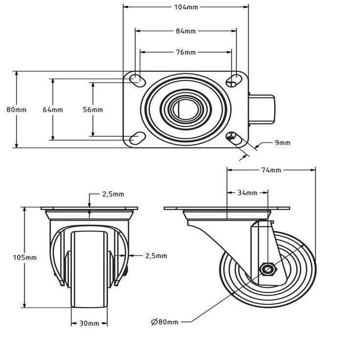 PU-svinghjul 80 mm – kulelager – 120 kg