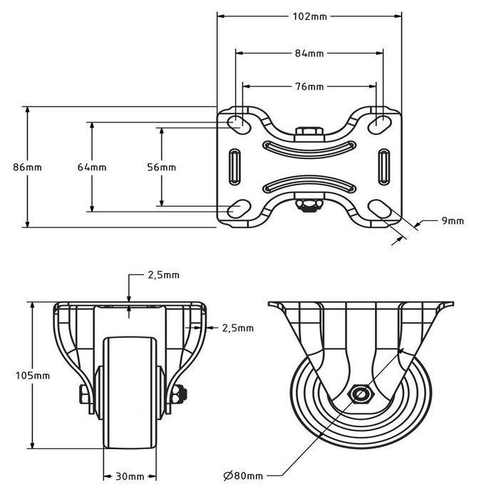 Rodízio em PU 80 mm - rolamento de esferas - 120 kg