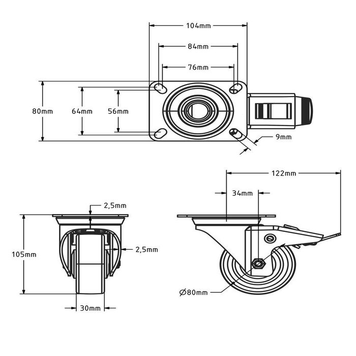 PU-svinghjul med bremse 80 mm - kugleleje - 120 kg