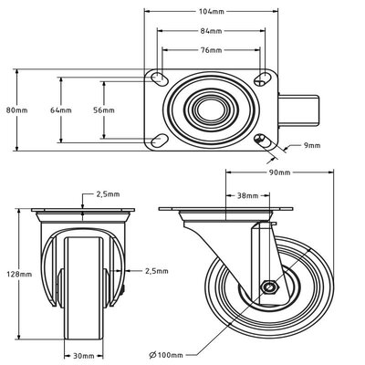 TPR grey rubber swivel castor 100 mm - roller bearing - 100 kg