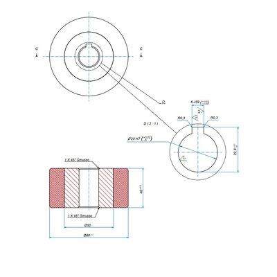 Roda motriz em PU 80x40 mm - Furo 20 mm H7 ranhura - 200 kg