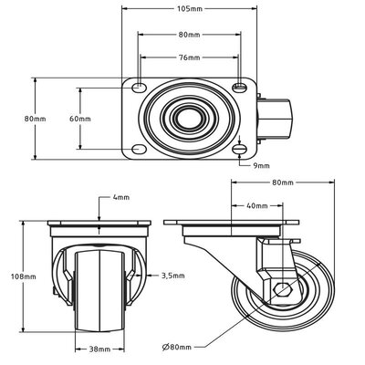 Rueda giratoria de PU de 80 mm - rodamiento de bolas - 250 kg