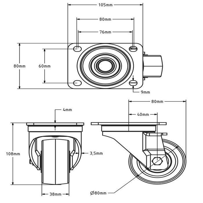 Rodízio giratório em PU 80 mm - rolamento de esferas - 250 kg