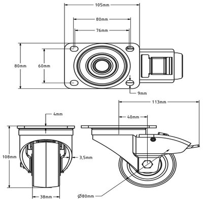 Rodízio giratório em PU com travão 80 mm - rolamento de esferas - 250 kg