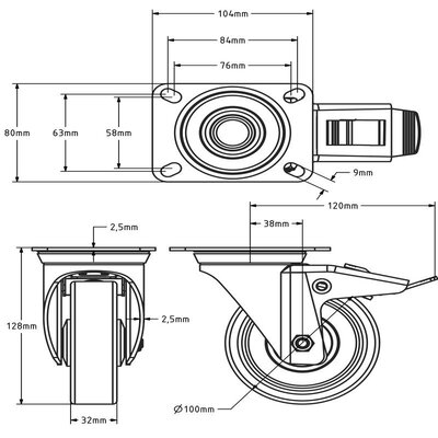 Rueda giratoria de PU con freno 100 mm - rodamiento de bolas - 150 kg
