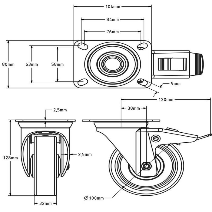 PU-svänghjul med broms 100 mm – kullager – 150 kg