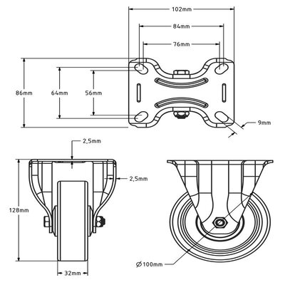 Rueda giratoria de PU 100 mm - rodamiento de bolas - 150 kg