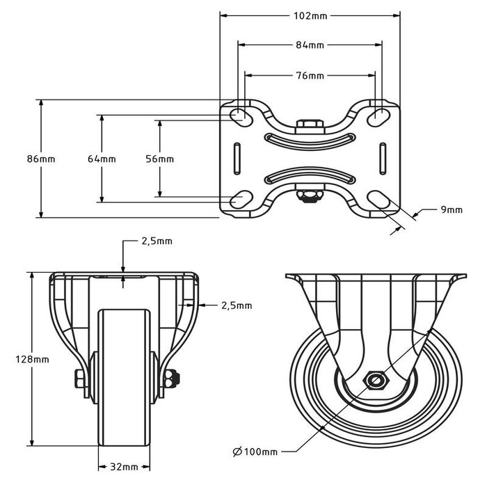 Roue pivotante en PU 100 mm - roulement à billes - 150 kg