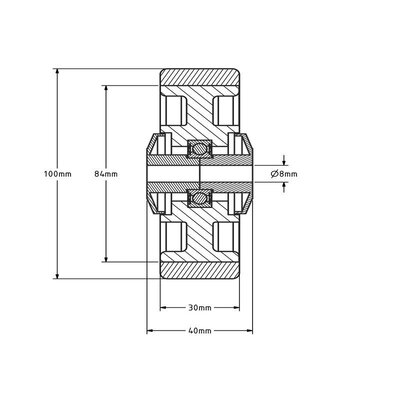 Roue en PU 100 mm - roulement à billes, axe 8 mm - 150 kg