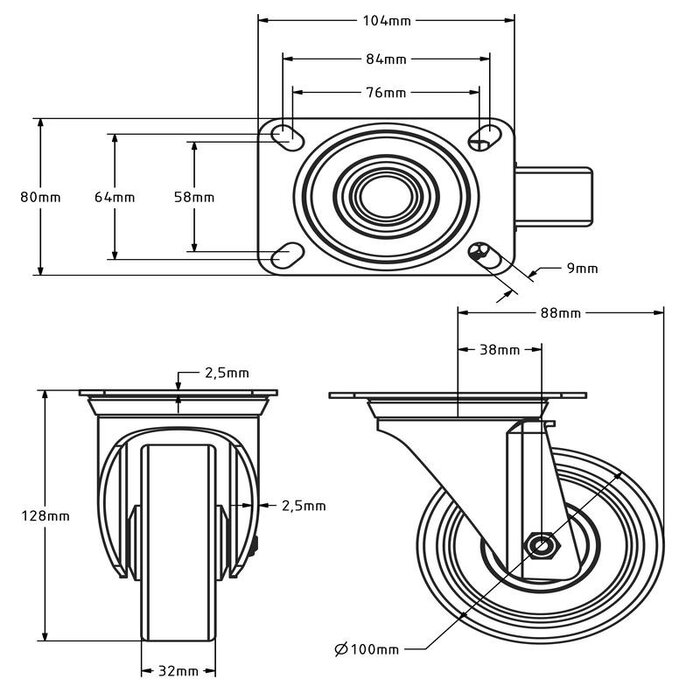 PU-svängbart hjul 100 mm – kullager – 150 kg