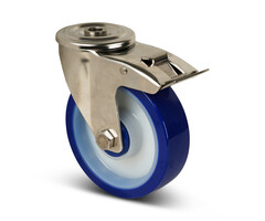 Ruota girevole con freno in PU acciaio inox 125 mm - foro per bullone - 200 kg -