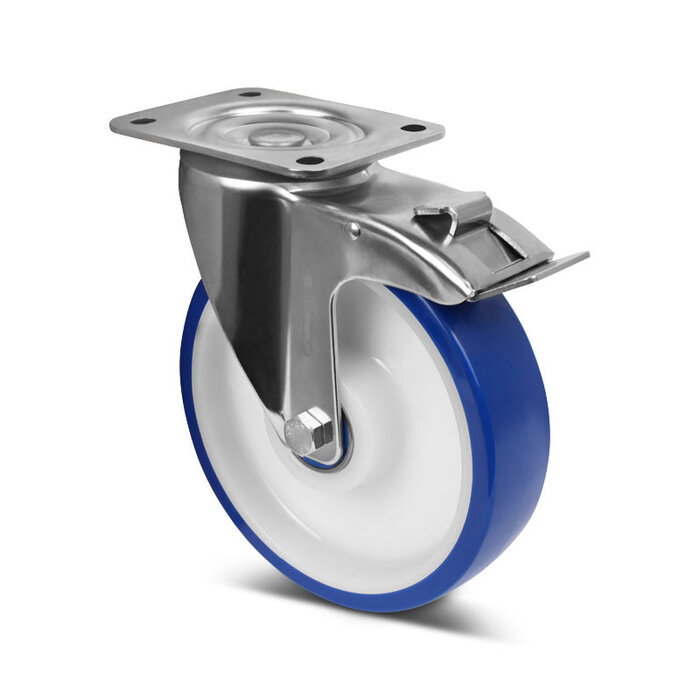 Ruedas giratorias con freno de acero inoxidable con ruedas de PU de 160 mm - rodamiento de bolas - 450 kg