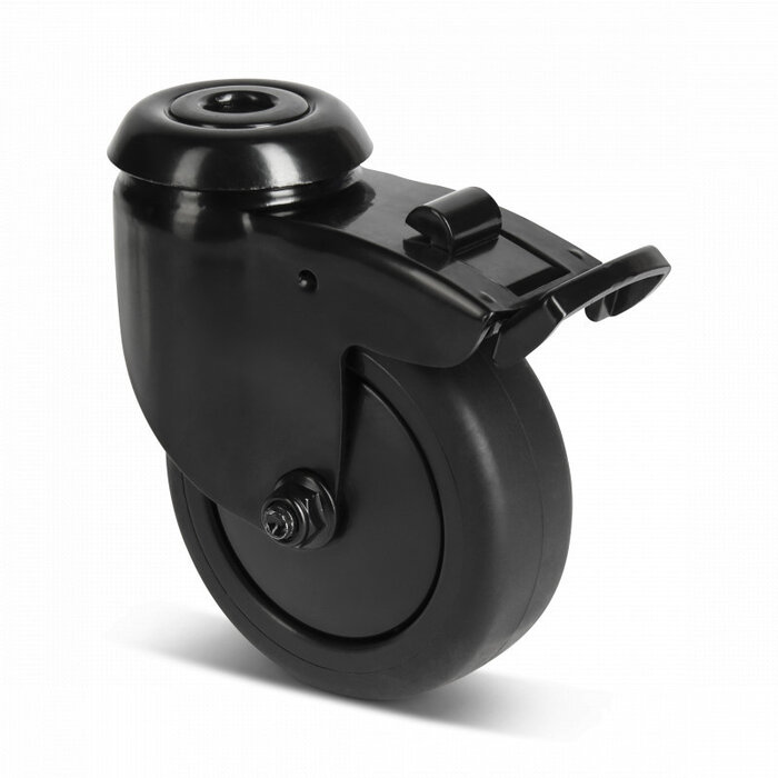 Black swivel castor with brake 75 mm - ball bearing - bolt hole - 75 kg