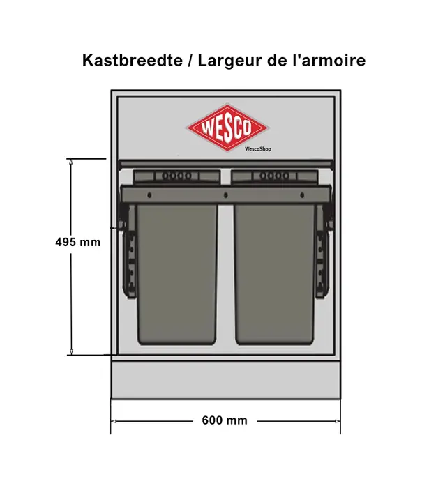 Wesco WESCO® Pullboy Soft Comfort® 495 K/600-2 Afvalsysteem – 58 Liter, 2 Baksysteem, Softclose, Antraciet