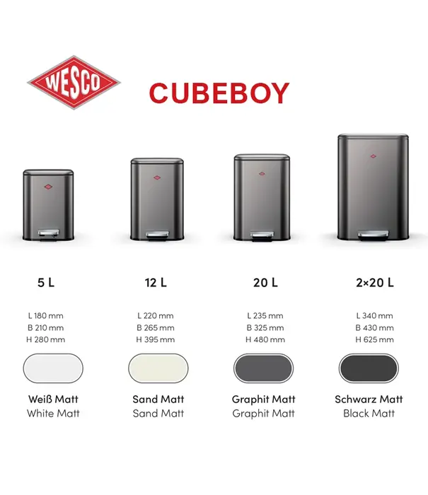 Wesco WESCO Cubeboy 12 L noir mat – poubelle à pédale compacte avec fermeture en douceur