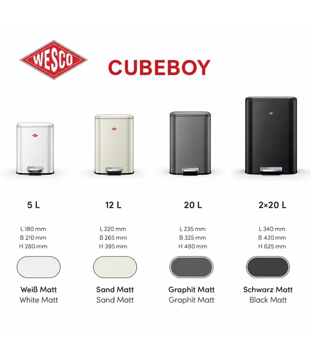 Wesco WESCO Cubeboy 20 L Zandmat – ruime design pedaalemmer met soft-close