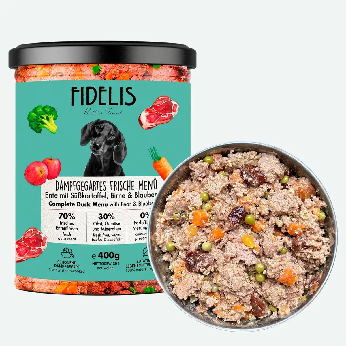 Fidelis Vers Gekookt Menu Eend met Zoete Aardappel, Peer en Bosbessen - Compleet