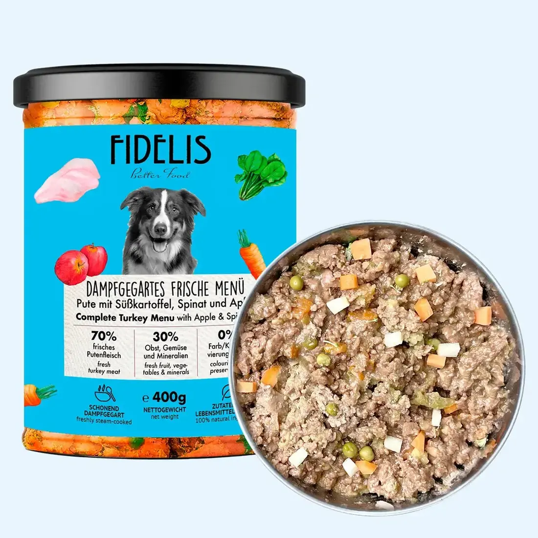 Fidelis Vers Gekookt Menu Kalkoen met Zoete aardappel, Appel en Spinazie - Compleet