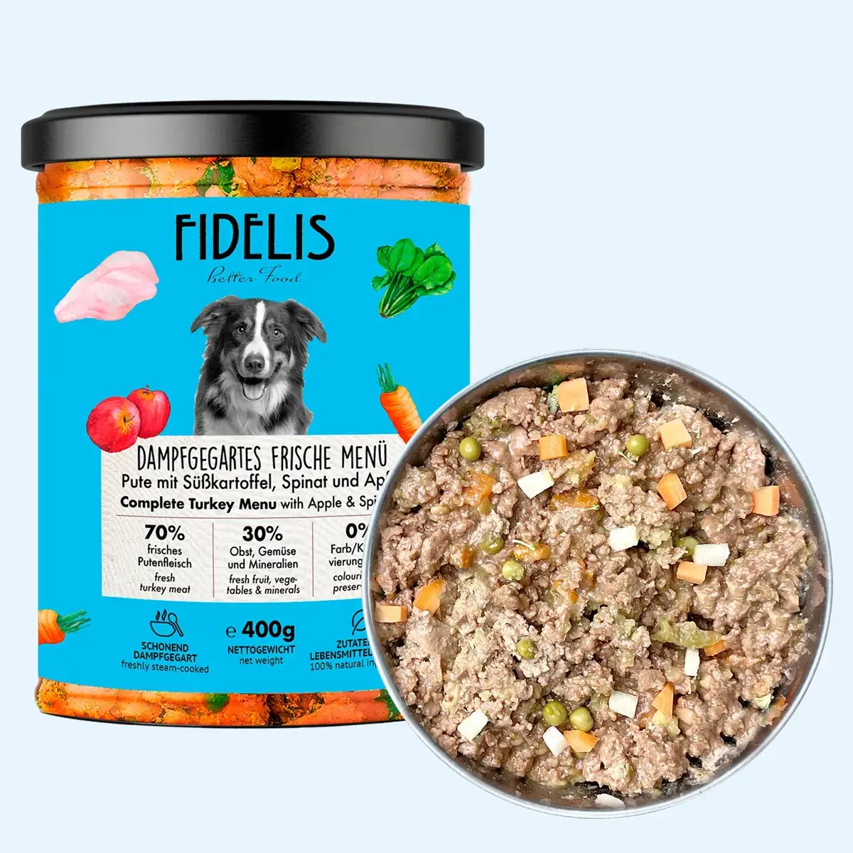 Fidelis Vers Gekookt Menu Kalkoen met Zoete aardappel, Appel en Spinazie - Compleet