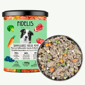 Fidelis Vers Gekookt Menu Paard met Zoete aardappel, Wortel en Bosbessen - Compleet