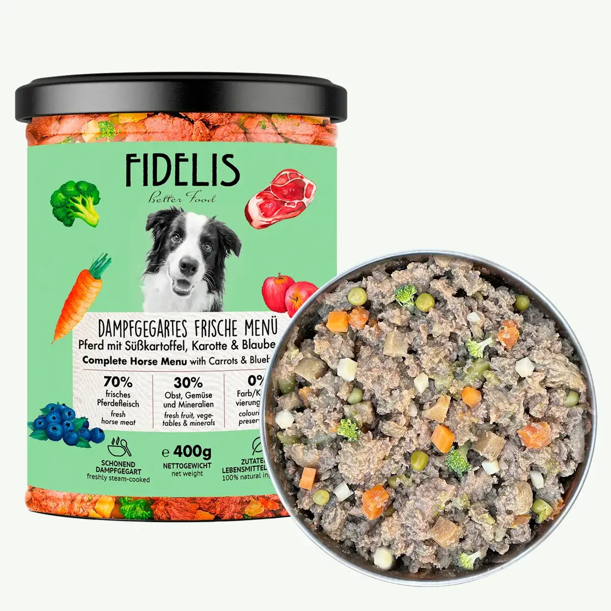 Fidelis Vers Gekookt Menu Paard met Zoete aardappel, Wortel en Bosbessen - Compleet