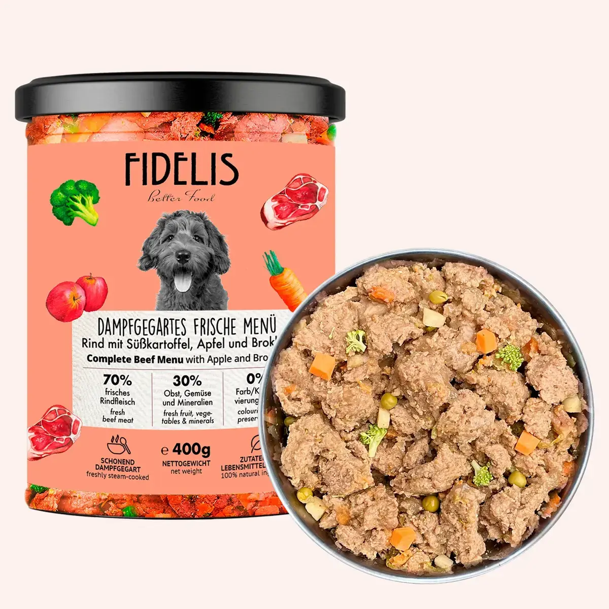 Fidelis Vers Gekookt Menu Rundvlees met Zoete Aardappel, Appel en Broccoli - Compleet