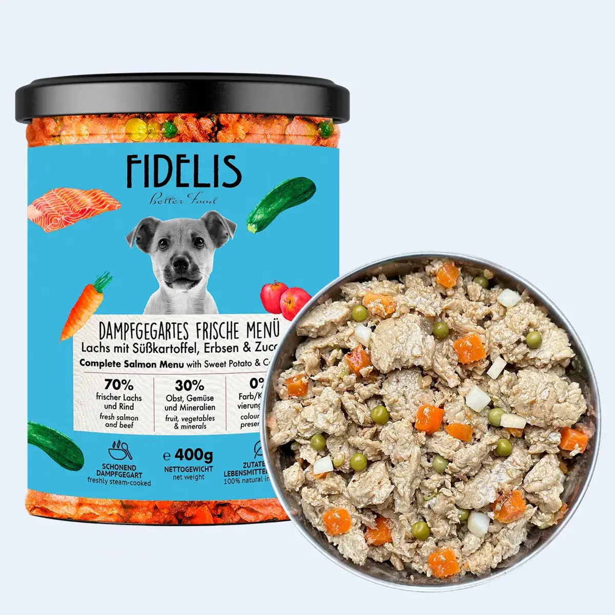 Fidelis Vers Gekookt Menu Zalm met Zoete Aardappel, Erwten en Courgette - Compleet