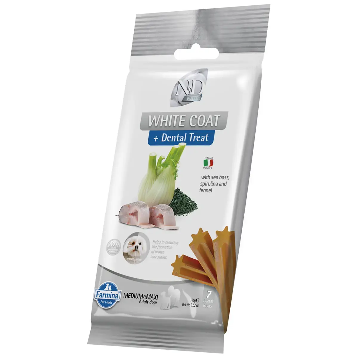 Farmina N&D Dental Treat White Coat Zeebaars, Spirulina & Venkel Medium & Maxi