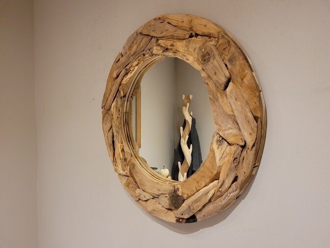 Spiegel mit Rahmen aus Teakholzstücken Ø 80 cm