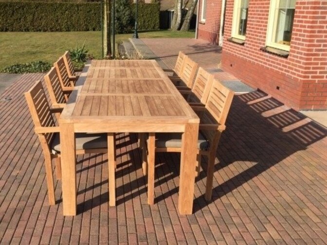 Teak-Gartentisch Verona 300 + 8 Gartenstühle Torino hori