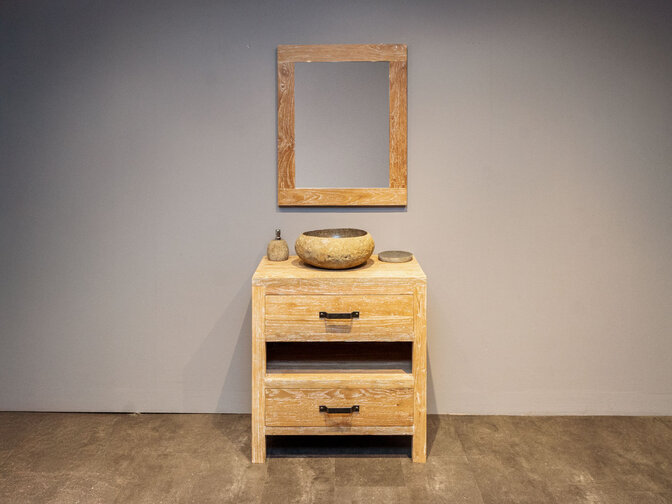 Badezimmermöbel-Set aus Teakholz 80 cm White Wash inkl. Spiegel und Waschbecken