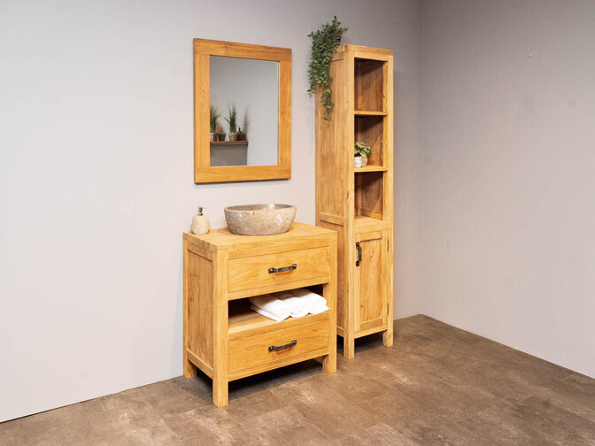 Badmöbel-Set 80 cm Natur inkl. Schrank Spiegel und Waschbecken